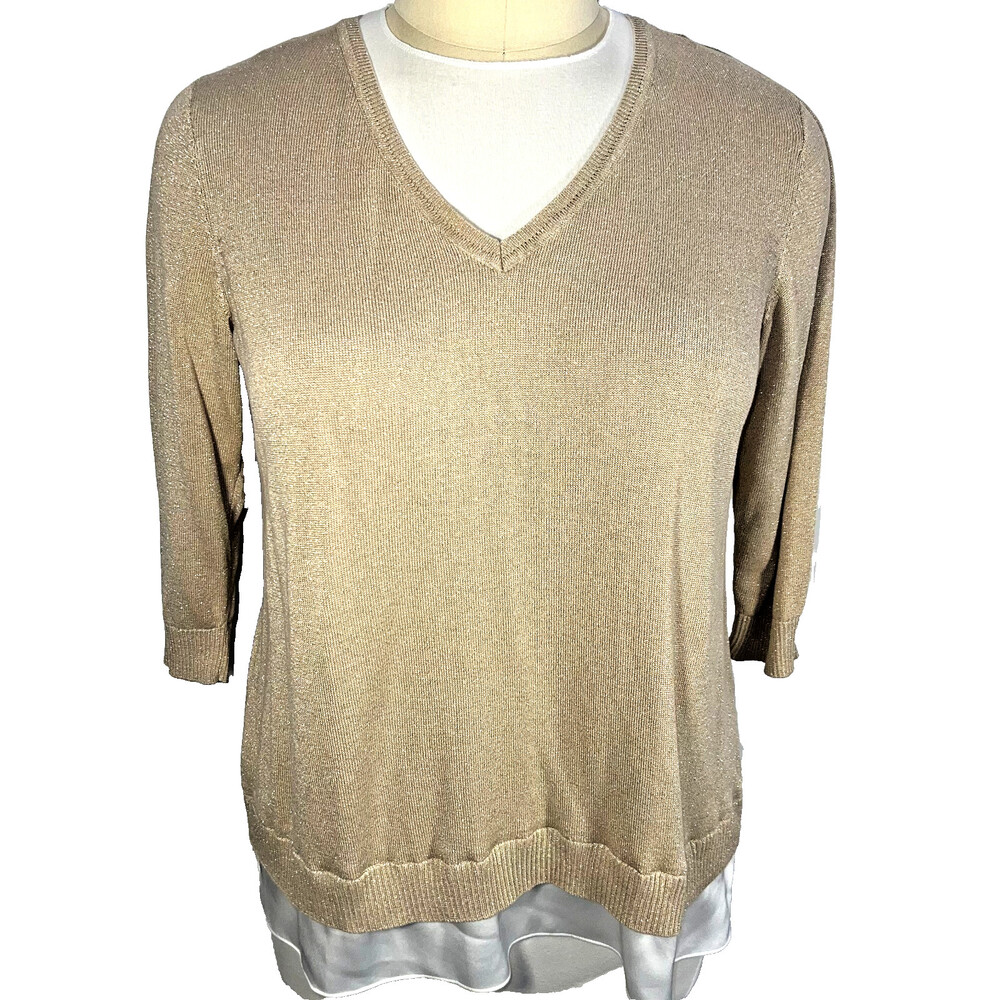 Calvin Klein Sweater Womens 1X Thin Knit Metallic Gold V-Neck Chiffon Trim Hem